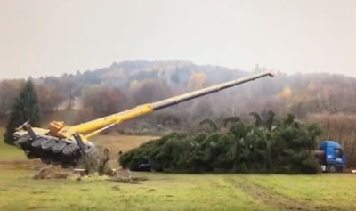 Crane tipping while loading giant Christmas tree onto a truck