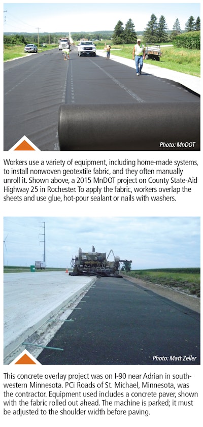 Large amounts of nonwoven geotextile fabric being installed on roads