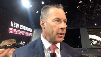 Bigland talking with reporters following Ram’s reveal of its 2019 heavy-duty trucks.