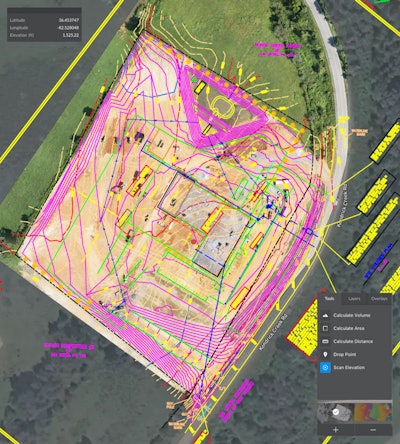 A vector PDF overlay of site plans atop a topographic model generated by Kespry Cloud.