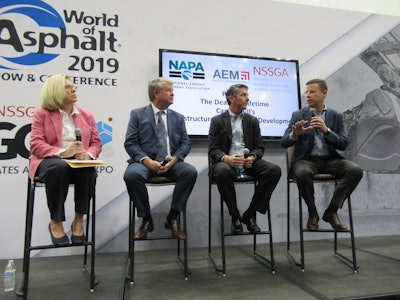 (Left to right) Moderator Nicki Kitchen, Executive Director, Build Indiana Council; John L. Harper, Senior VP, Construction Partners, Inc., and 2019 Chairman of NAPA; John Grote, Global VP Sales & Marketing, Grote Industries, Inc., 2019 Director of CE Sector, AEM; Randy Lake, President, CRH Americas Materials, Inc., and 2018 Chairman of NSSGA.