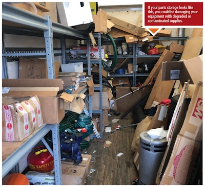 Messy storeroom for equipment parts and supplies