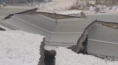 Alaska road damaged by November 2018 earthquake. Screen shot.