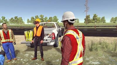 Once putting on the VR headset, the trainee is immersed in the virtual four-lane highway project for a site flyover and a pre-shift “huddle” with coworkers, as shown above.