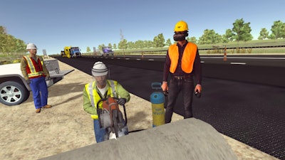 One of the scenarios on the new Cat VR trainer involves a worker using a saw and the proper safety precautions the trainee, right, should take.