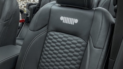 Katzkin leather seats for the all-new 2020 Jeep® Gladiator are embroidered with the distinctive Jeep grille logo in Tungsten stitching.