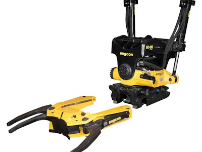 Engcon’s new GRD70 Grab Cassette, left, attaches to the company’s EC233 tiltrotator, right, equipped with Q-Safe 70 quick hitch.