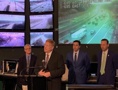 At a news conference Thursday on the new report, Rocky Moretti, director of research & policy, TRIP; Pete Rahn, secretary, Maryland Department of Transportation (speaking); Michael Sakata, Executive Director, Maryland Transportation Builders & Materials Association; and Greg Slater, Administrator, Maryland Department of Transportation State Highway Administration.