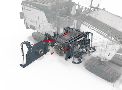 With a hydraulically opening door and main bolt removal system milling drums on the new Wirtgen milling machines can be changed in as little as 15 minutes.