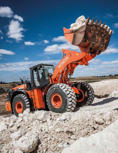 Hitachi ZW550-6 wheel loader carrying boulders