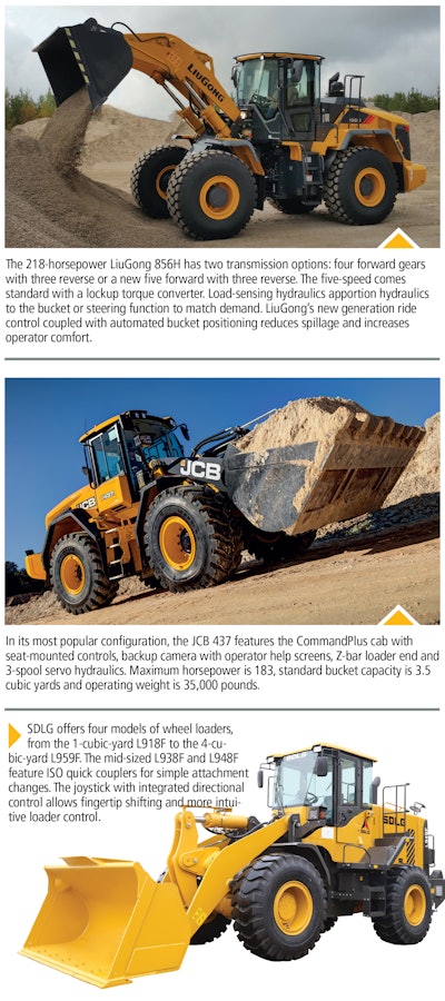 LiuGong 856H, JCB 437, and SDLG wheel loaders with specifications for each model