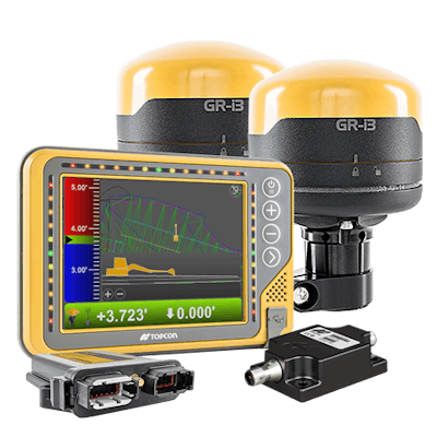 The X-53x system includes 500kbps Baud Rate TS-i3 sensors, MC-X1 controller, GR-i3 GNSS receivers and screen.