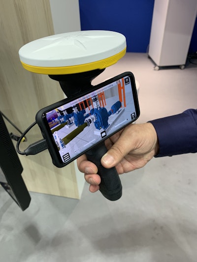 A prototype of The Sitevision augmented reality viewer as shown at the Bauma trade show in Munich, Germany. The system gives you an augmented reality/virtual reality view of yet to be built designs in the field as well as as-builts and underground utilities. Photo: Tom Jackson