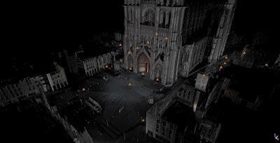 The orange triangles are laser scanner positions. Scanning from multiple locations helps to develop a complete 3D image of all facets of the structure.