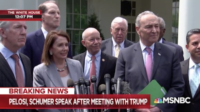 House Speaker Nancy Pelosi (D-Calif.) and Senate Minority Leader Chuck Schumer (D-N.Y.) speak to reporters after meeting with President Trump where they agreed on a $2 trillion infrastructure package. Screenshot from MSNBC video.