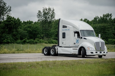 A modified Kenworth truck demonstrating the maneuvering capabilities of ZF’s ReAX adaptive steering system.