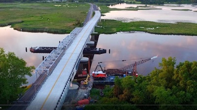 The new Dover Bridge sits next to the old bridge. Screenshot from YouTube video.