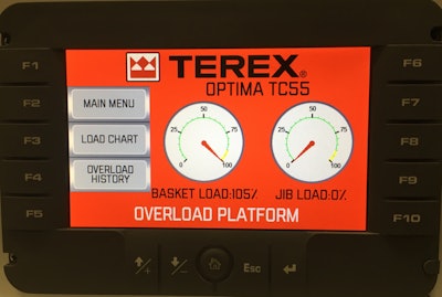 Terex Utilities’ new Load Alert monitor display turns red when it detects an overload.