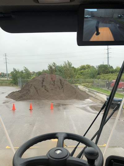 Cat’s new rearview camera for B-Series vibratory soil compactors as seen in the upper right corner on this new CS56B compactor. Photo by Don McLoud