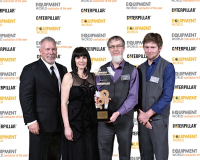 (Left to right) Equipment World‘s 2018 Contractor of the Year Don and Rae Peters, Solid Earth Civil Constructors, with the 2019 winners, Joseph and Samuel Shrock, Shrock Premier Custom Construction.