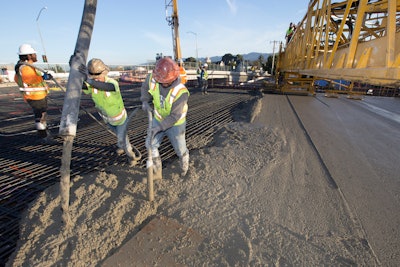 Concrete deck pour for the 29th Avenue offramp from I-880 during the Overcrossing Replacement Project in Oakland. Photo credit: Caltrans