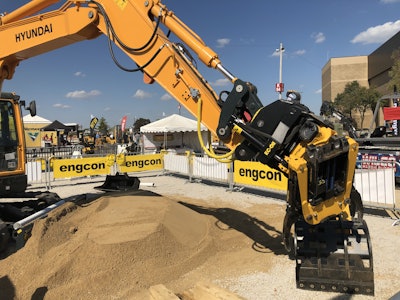 An Engcon tiltrotator paired with a Hyundai R80CR-9A compact excavator at Engcon’s booth at ICUEE 2019.