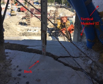Crack beside truss member 12 of the FIU pedestrian bridge shown two days before the March 15, 2018, collapse in this photo by contractor Munilla Construction Management and provided by the NTSB.