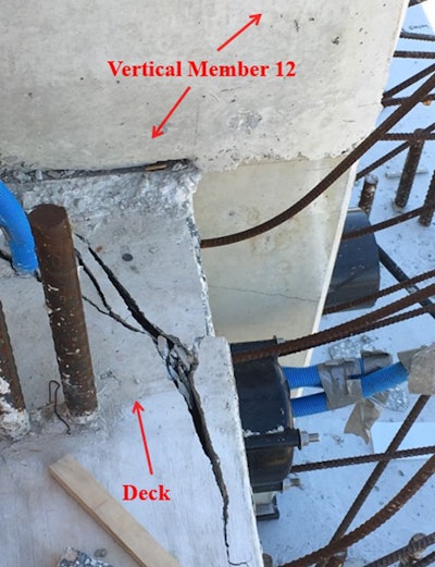 Crack near truss member 12 of the FIU pedestrian bridge shown one day before the March 15, 2018, collapse in photo by contractor Munilla Construction Management, and provided by the NTSB.