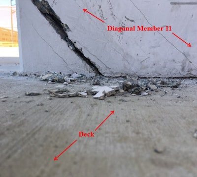 One of the cracks on truss member 11 of the Florida International University pedestrian bridge in Miami shown two days before the March 15, 2018, collapse in this photo by contractor Munilla Construction Management, and provided by the NTSB.