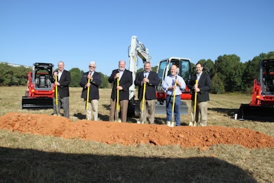 From left to right at the Takeuchi-US training center ground breaking ceremony are Jim Shaw, president of the Jackson County Chamber of Commerce; Tom Crow, district one commissioner for Jackson County; Clay Eubanks, president, Takeuchi-US; Jeff Stewart, vice president/general manager, Takeuchi-US; James Tipton, president and owner of Tipton Construction; and John Scott, vice president and director of economic development.