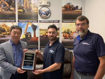 Left to right, M.S. Kang, president of Hyundai Construction Equipment Americas; Nick Moynihan, president, Quality Fleet Service; and Bill Klein, HCEA district manager – northeast.