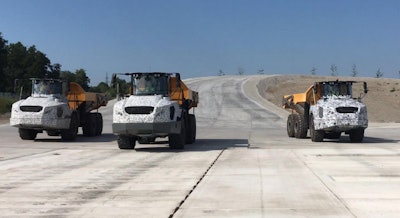 Liebherr’s prototype articulated dump trucks at its Kirchdorf, Germany, testing facility.