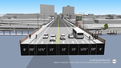 Artist rendition of lane changes to Burnside Bridge. Image courtesy Multnomah County Bridges.