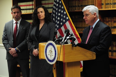 In 2017, Suffolk County District Attorney Dan Conley, right, announced manslaughter charges in the 2016 deaths of two men in a trench collapse in Boston. With Conley are Assistant D.A. Michael V. Glennon, left, who responded to the scene, and Assistant D.A. Lynn Feigenbaum of the Senior Trial Unit, who led the grand jury investigation that culminated in criminal charges against Atlantic Drain Service and its owner, Kevin Otto.