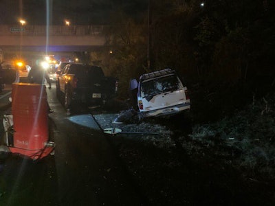 The driver of the white SUV plowed through a Virginia DOT work zone December 5, injuring six highway workers. Photo credit: Virginia State Police