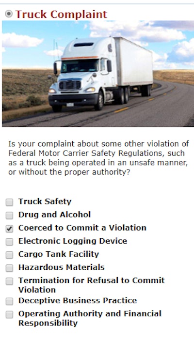 The initial selection on the desktop version of the FMCSA’s complaints website for operators reporting coercion to violate the regs.