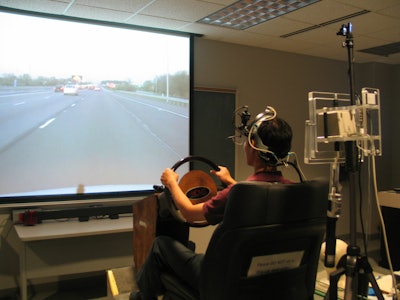 A research test subject participates in a study at Ball State University to find out how small, regular changes to seat geometry can improve driver reaction times.