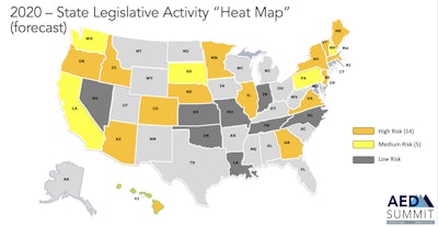 According to the Coalition Opposed to Illegal Tampering, approximately 33 states have considered Right-to-Repair legislation between 2017 and 2019. This map highlights those states most at risk for adopting R2R bills.