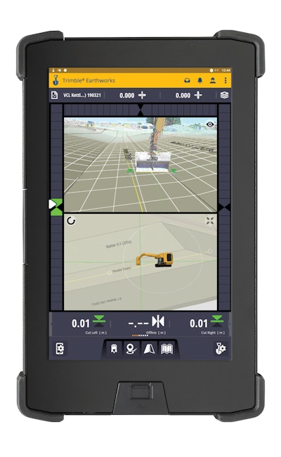 Trimble augmented reality gives operators a dual look at the job in their monitor. One view shows the site in real time. The other shows the finished 3D model.