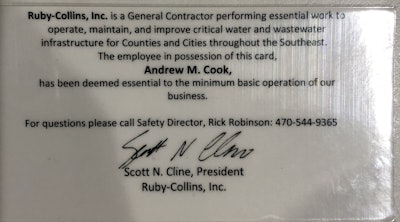 Ruby-Collins had its personnel carry this card to cross state lines in the early part of the pandemic.