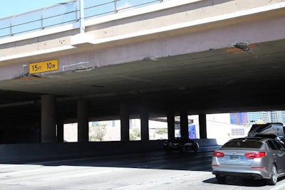 The underside of the Tropicana Avenue Bridge over I-15 shows the wear of being a low bridge. Credit: Nevada DOT