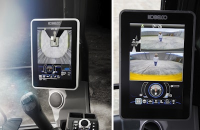 The split screen 10-inch color monitor on the Kobelco SK140SRLC-7 provides operator awareness.