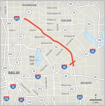 A map of the widening project for I-635 East/LBJ Freeway. Credit: TxDOT