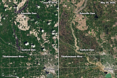 Before and after images show the extent of Midland County flooding’s muddy aftermath. NASA Earth Observatory images by Joshua Stevens, using Landsat data from the U.S. Geological Survey.