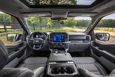The cabin is completely redesigned with more comfort, technology and functionality for truck customers along with more premium materials, more color choices and more storage. Shown here is the interior of the all-new F-150 Limited.