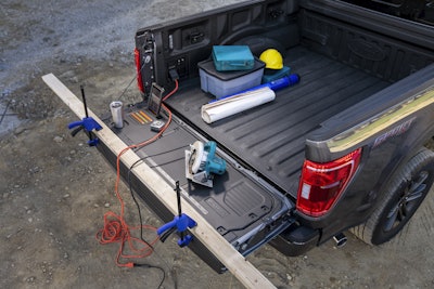 All-new F-150 with available Pro Power Onboard, standard clamp pockets so customers can hold materials down for precision work, standard cleats mounted to the sides of the tailgate to act as tie-down locations for extra-long items in the bed and available Tailgate Work Surface including integrated rulers, a mobile device holder, cupholder and pencil holder.