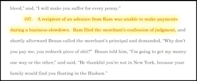 One of the examples of abuse cited in the lawsuit filed by the state of New York involves an incident with an MCA client from Ram Capital, one of the defendants. Braun is Jonathan Braun, also a defendant. Click through the image for a larger view.