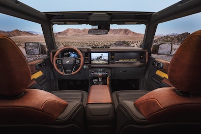 Prototype version, not representative of production model, of the all-new 2021 Bronco interior is highlighted by an available 12-inch SYNC® 4 system, optional leather trim seating, console-mounted transmission shifter/selector and G.O.A.T. Modes™ control knob. (Static display on private property with aftermarket accessories not available for sale.)