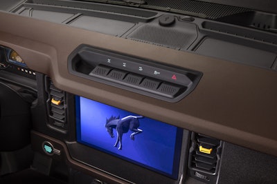 Instrument panel-mounted hero switches, an easy reach for the driver, feature seamless rubber touchpoints to protect against dirt and water and are easily washable in this prototype version of the 2021 Bronco (not representative of production model). (Static display on private property with aftermarket accessories not available for sale.)
