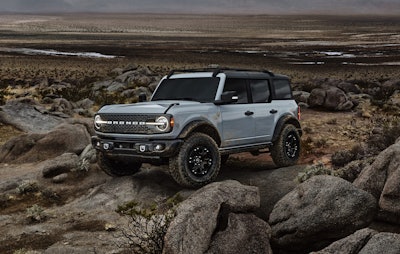 Pre-production 2021 Bronco four-door Badlands series with available Sasquatch™ off-road package in Cactus Gray in Johnson Valley, California.